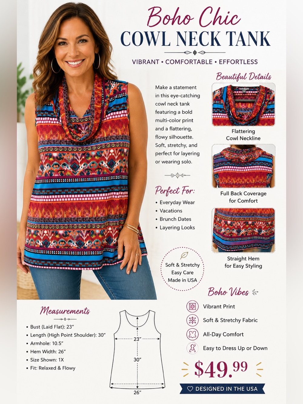 Cowl Neck Tribal Stripe Sleeveless Top - Red & Blue